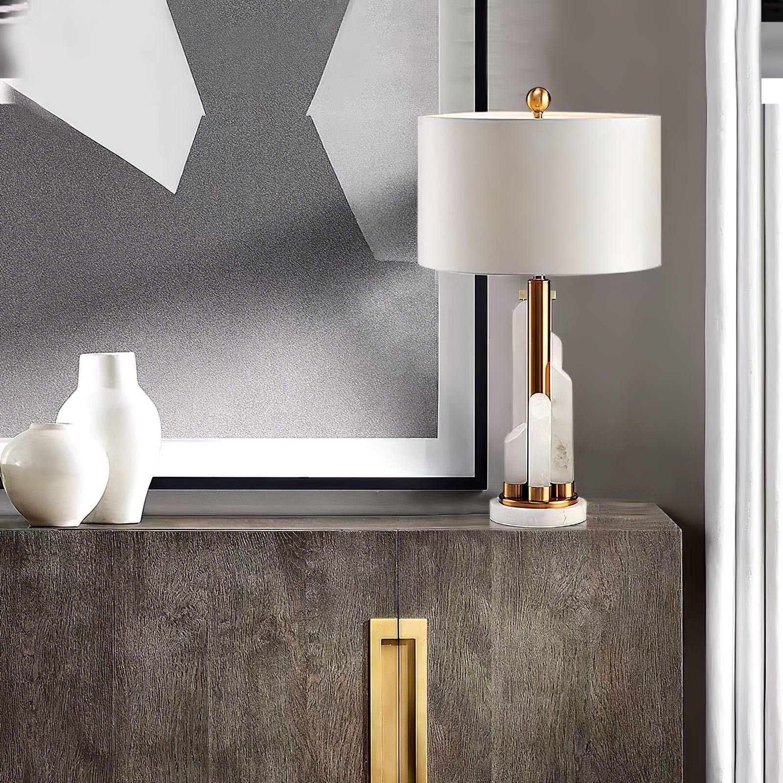 Alabaster Table Lamp with Cylindrical Fabric Shade - Image 2