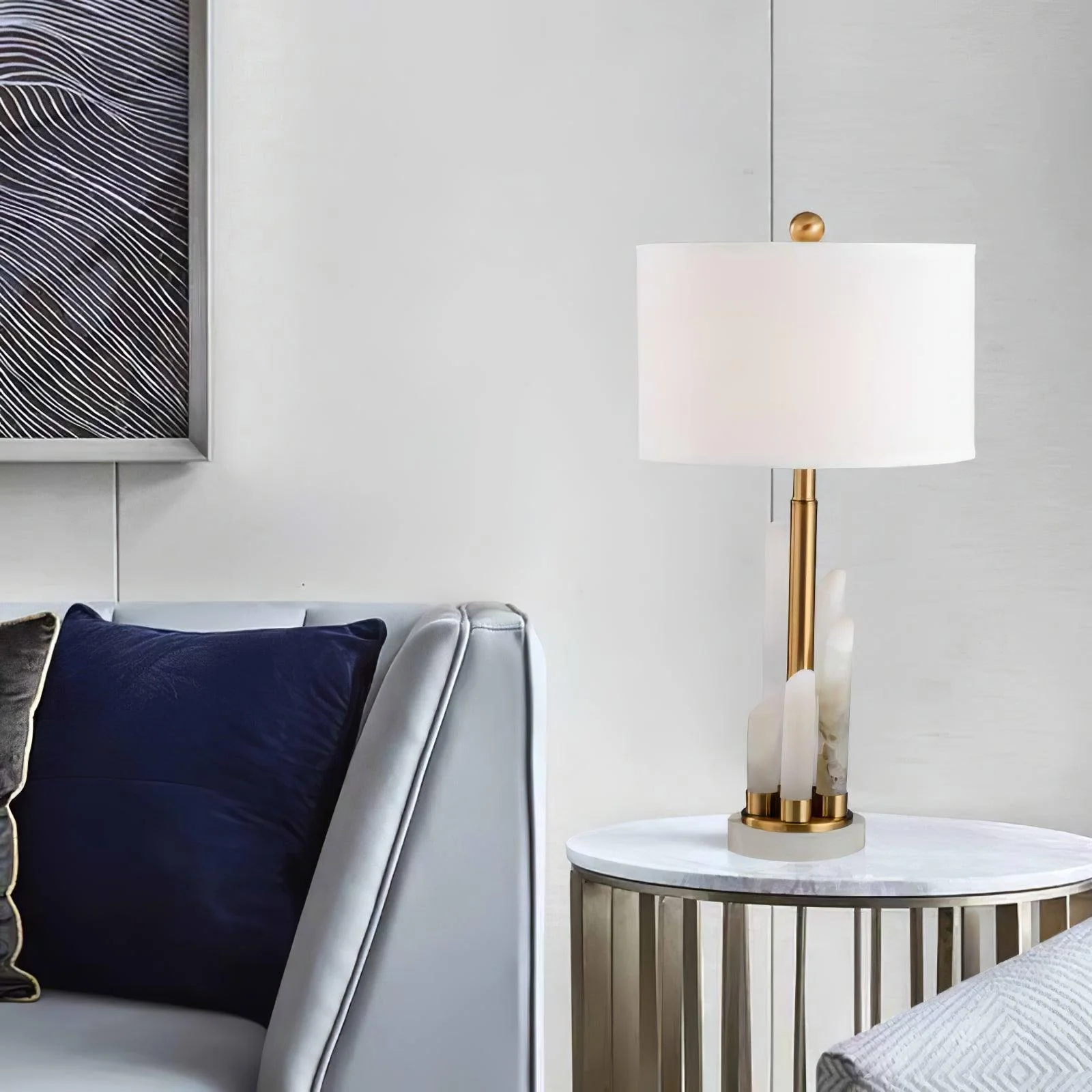 Alabaster Table Lamp with Cylindrical Fabric Shade - Image 8