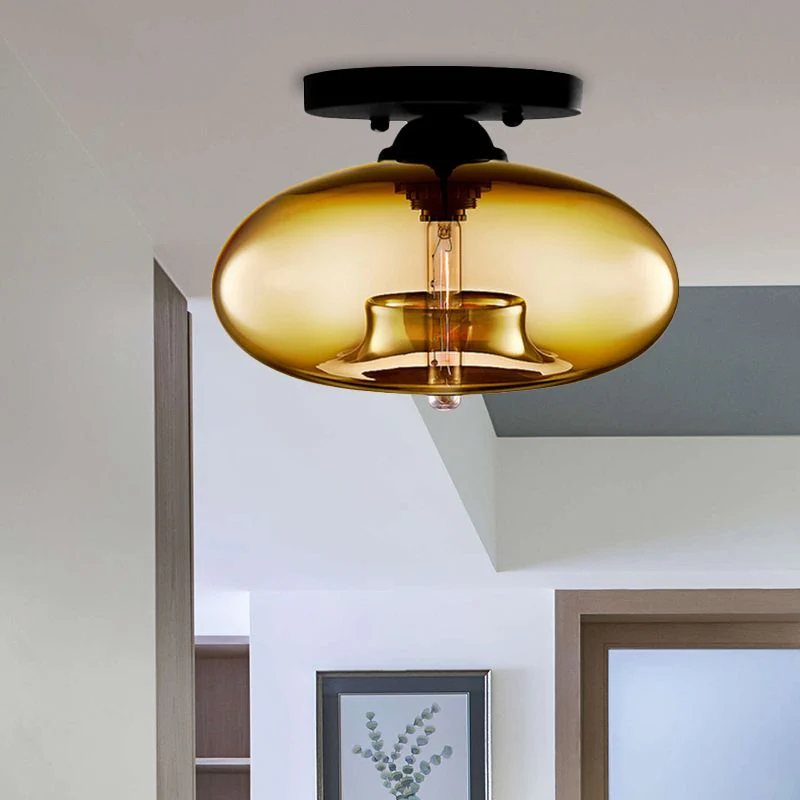Art Deco Globe Ceiling Light Amber Glass Flush Mount Fixture - Image 3