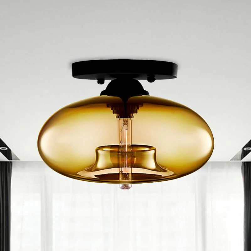 Art Deco Globe Ceiling Light Amber Glass Flush Mount Fixture - Image 4
