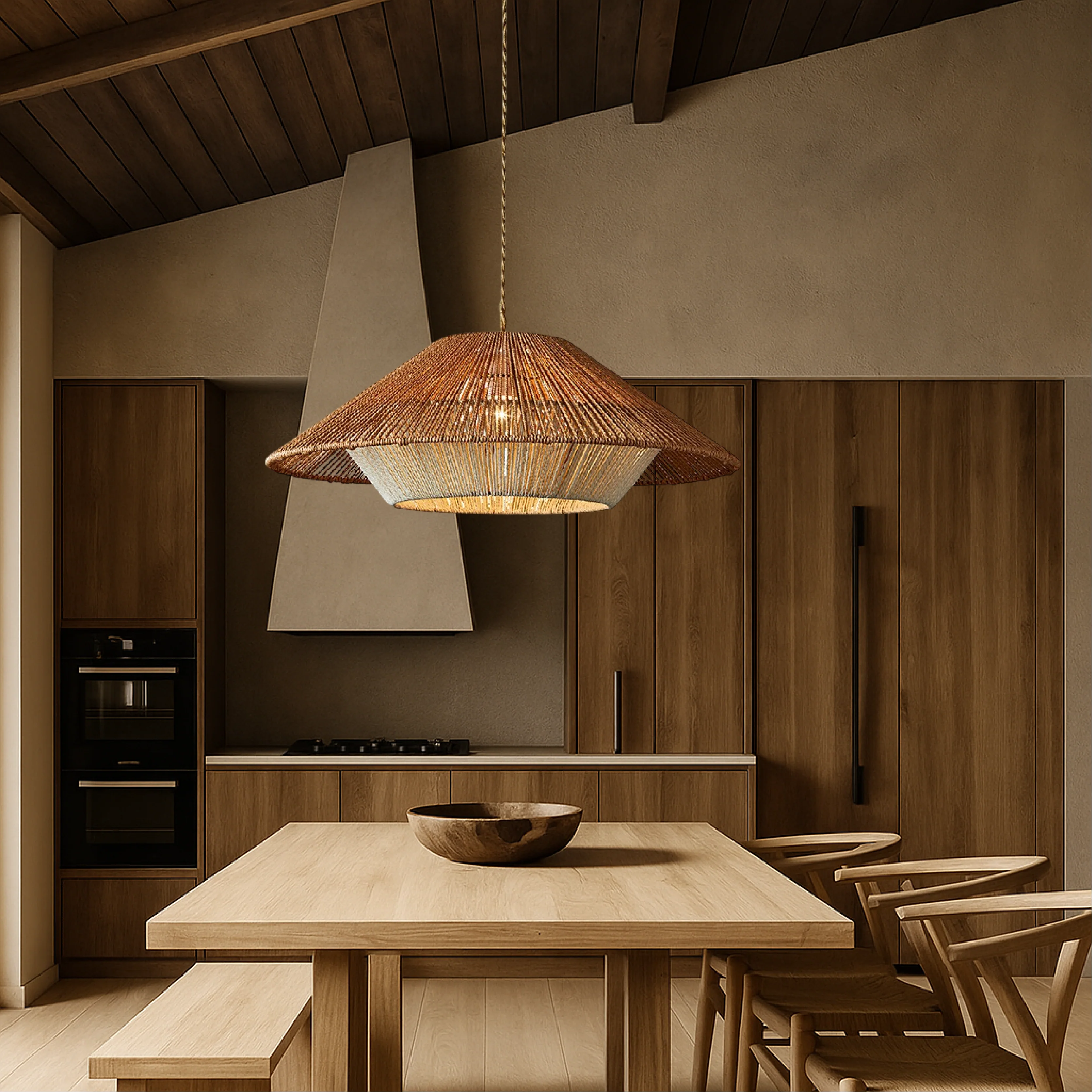 Bamboo woven pendant light with wide conical shade - Image 3