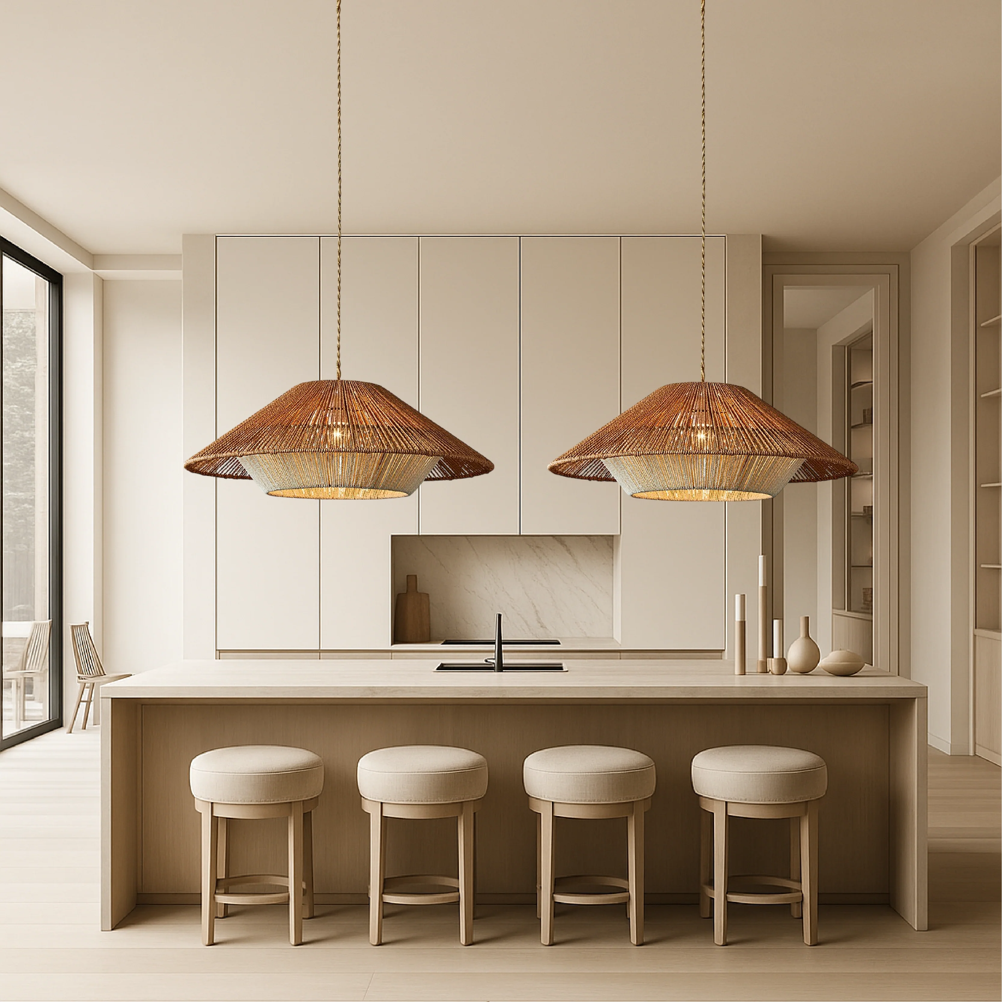 Bamboo woven pendant light with wide conical shade - Image 5