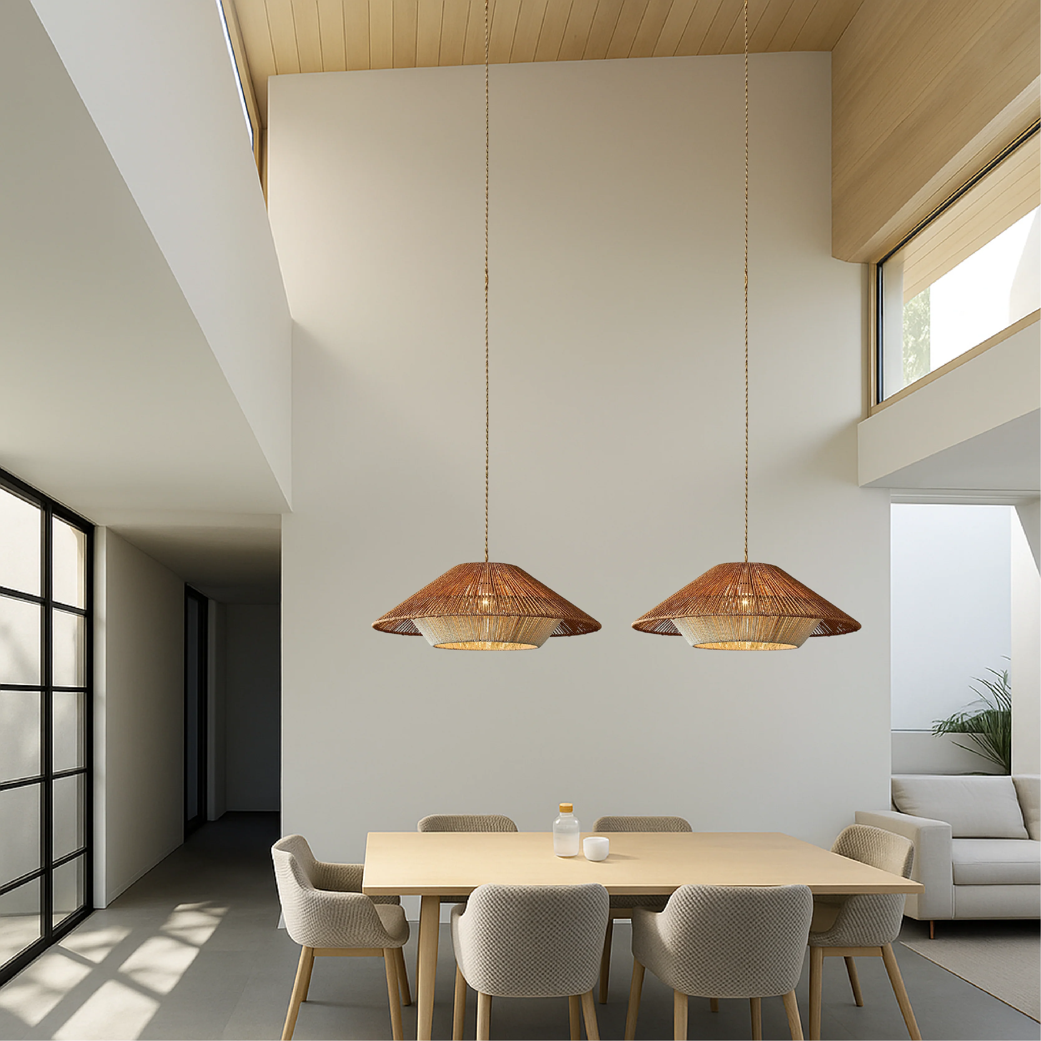 Bamboo woven pendant light with wide conical shade - Image 6
