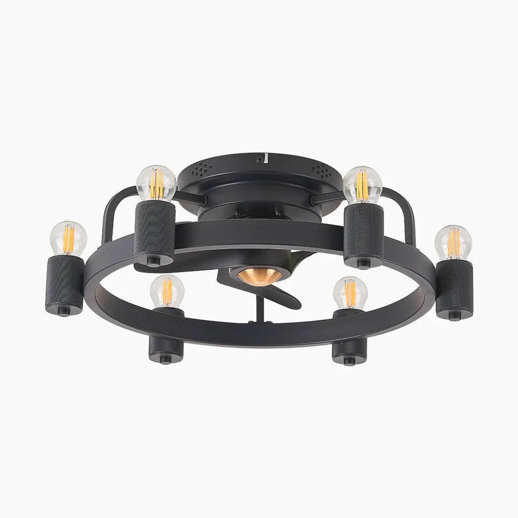 Black Ceiling Fan Light with Circular Frame and Six Bulb Holders