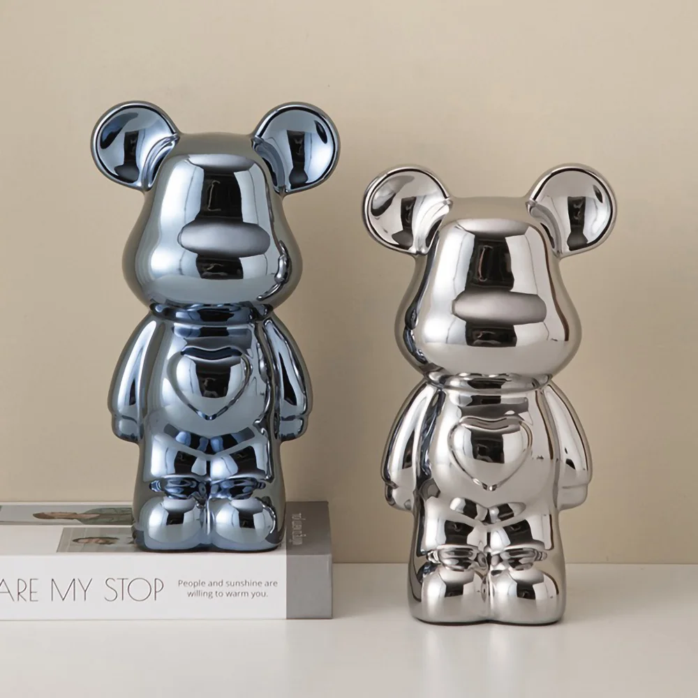 Ceramic Galvanised Bear Figurine Chrome Finish