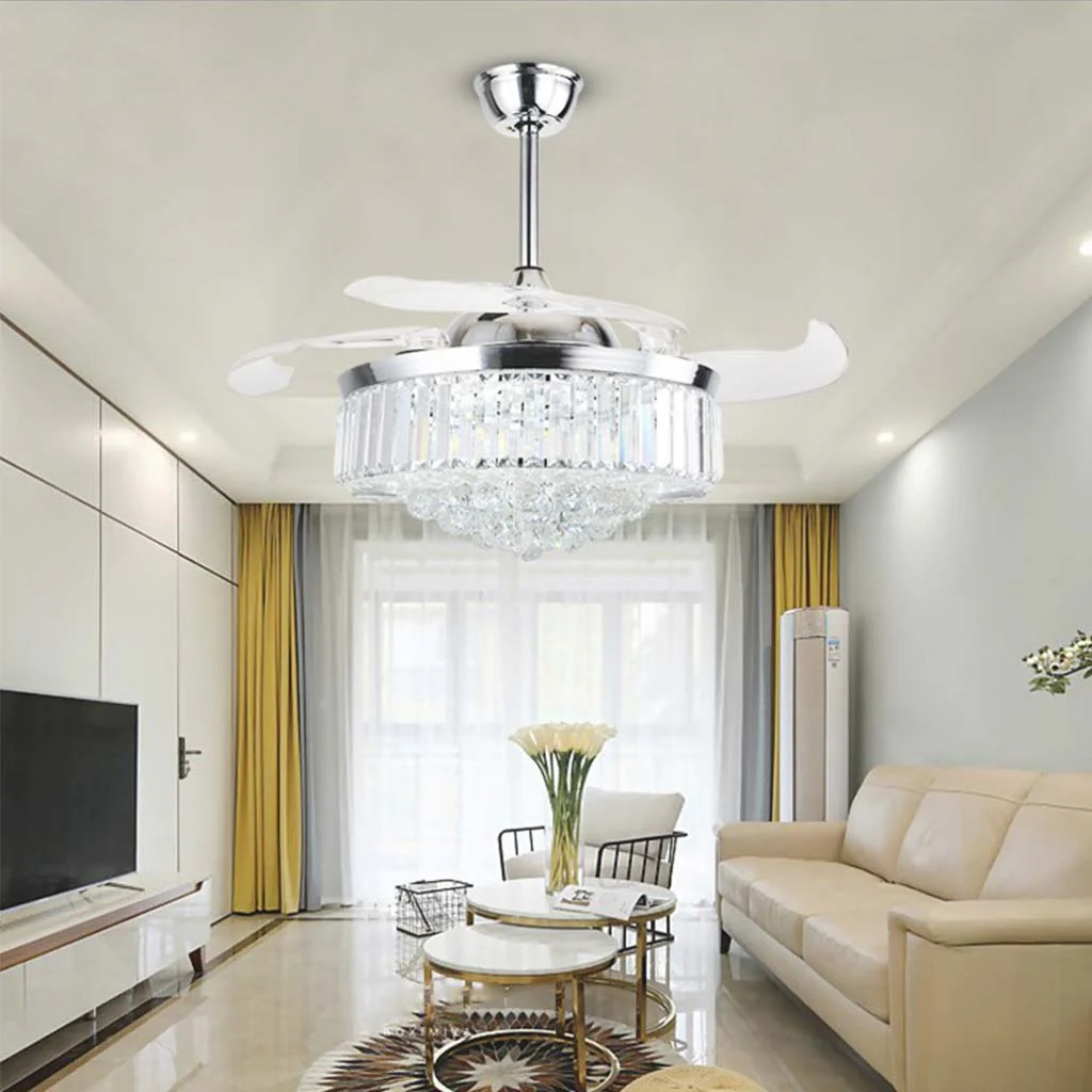 Chrome Ceiling Fan Light with Crystal Shade and Clear Blades - Image 2