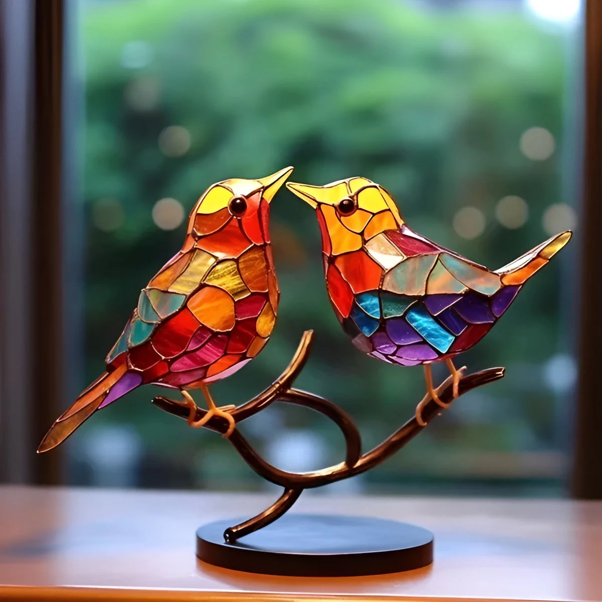 Coloured Glass-Look Birds Ornament On Metal Branch Stand - Image 2