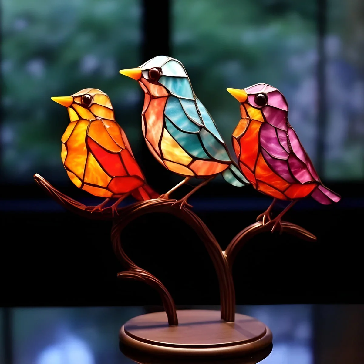 Coloured Glass-Look Birds Ornament On Metal Branch Stand - Image 3