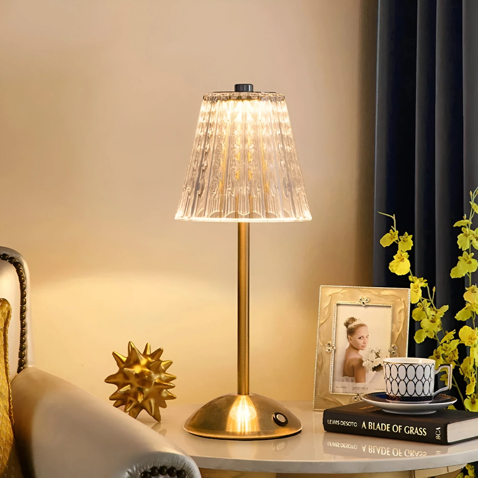 Cordless LED Table Lamp with Textured Clear Shade and Metal Stand - Image 2