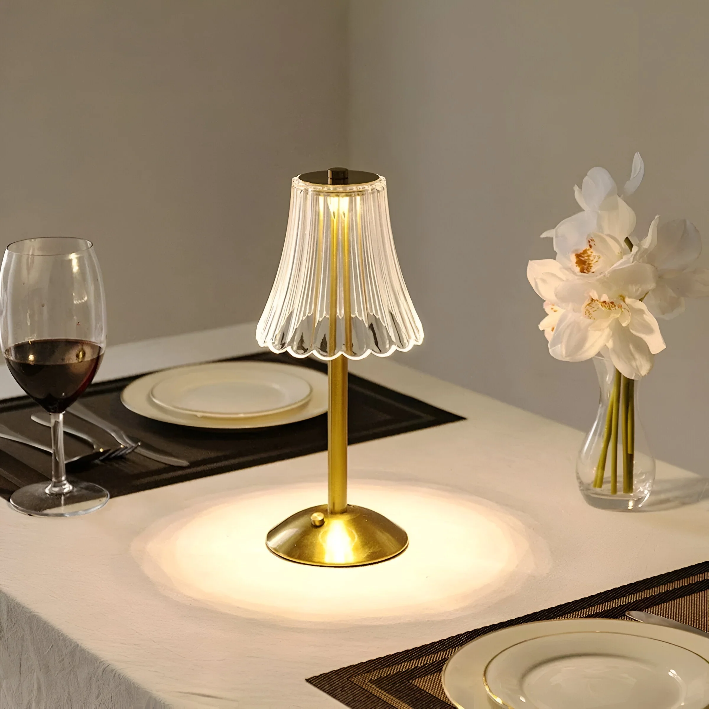 Cordless LED Table Lamp with Textured Clear Shade and Metal Stand - Image 4