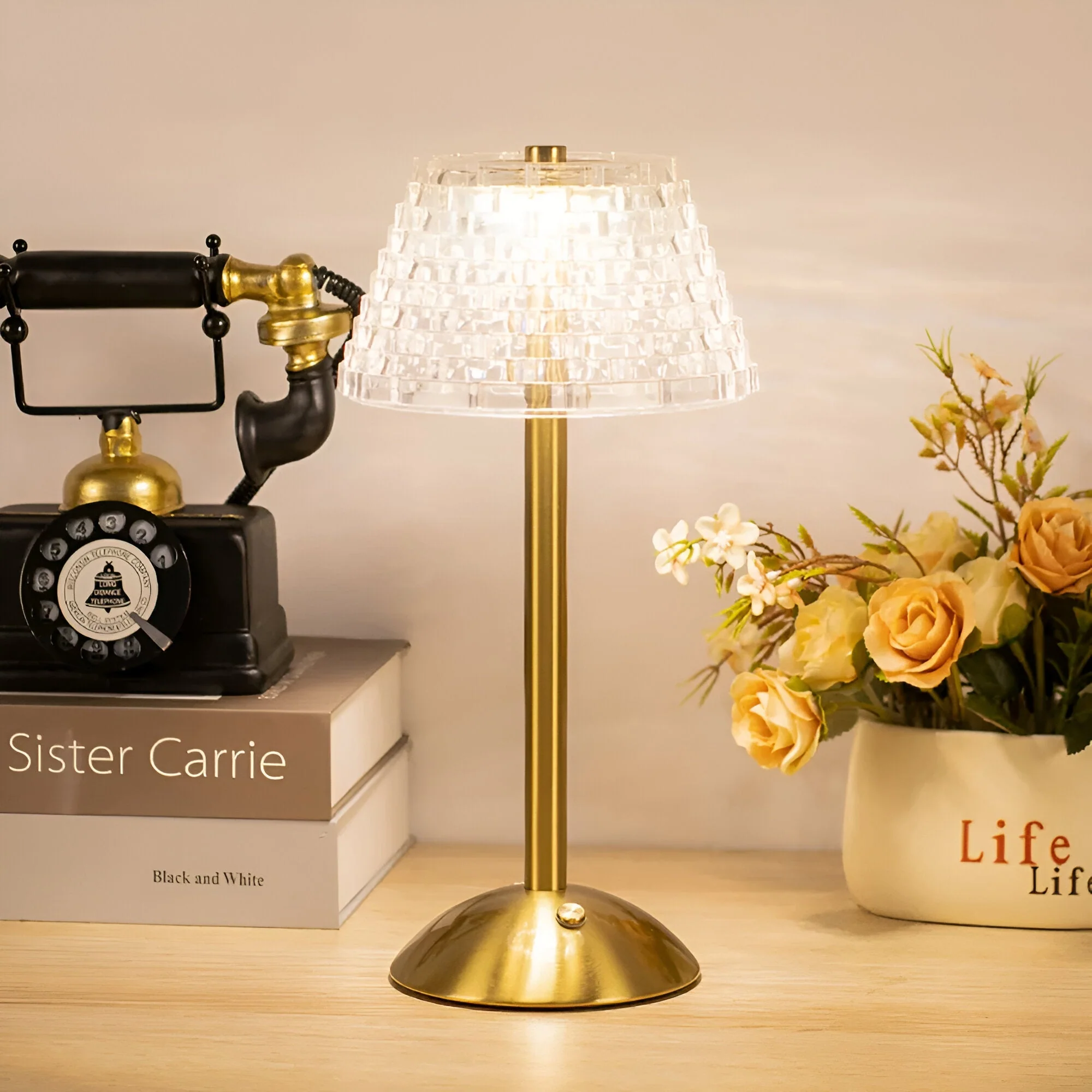 Cordless LED Table Lamp with Textured Clear Shade and Metal Stand - Image 5