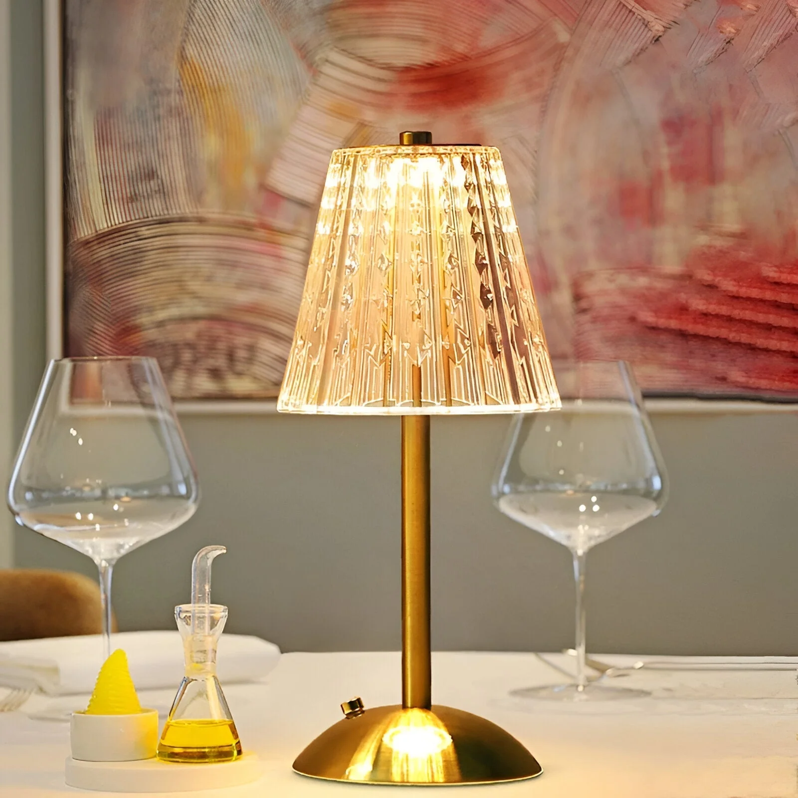 Cordless LED Table Lamp with Textured Clear Shade and Metal Stand - Image 6