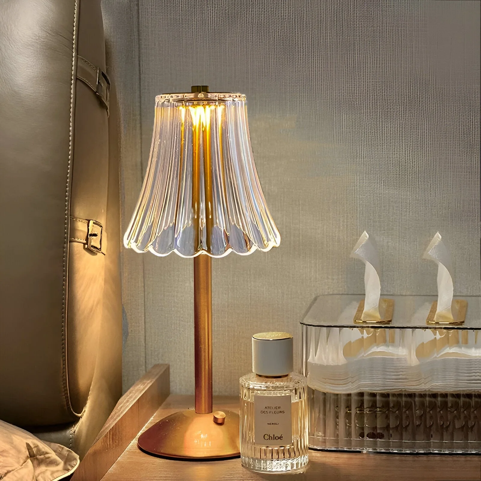 Cordless LED Table Lamp with Textured Clear Shade and Metal Stand - Image 7