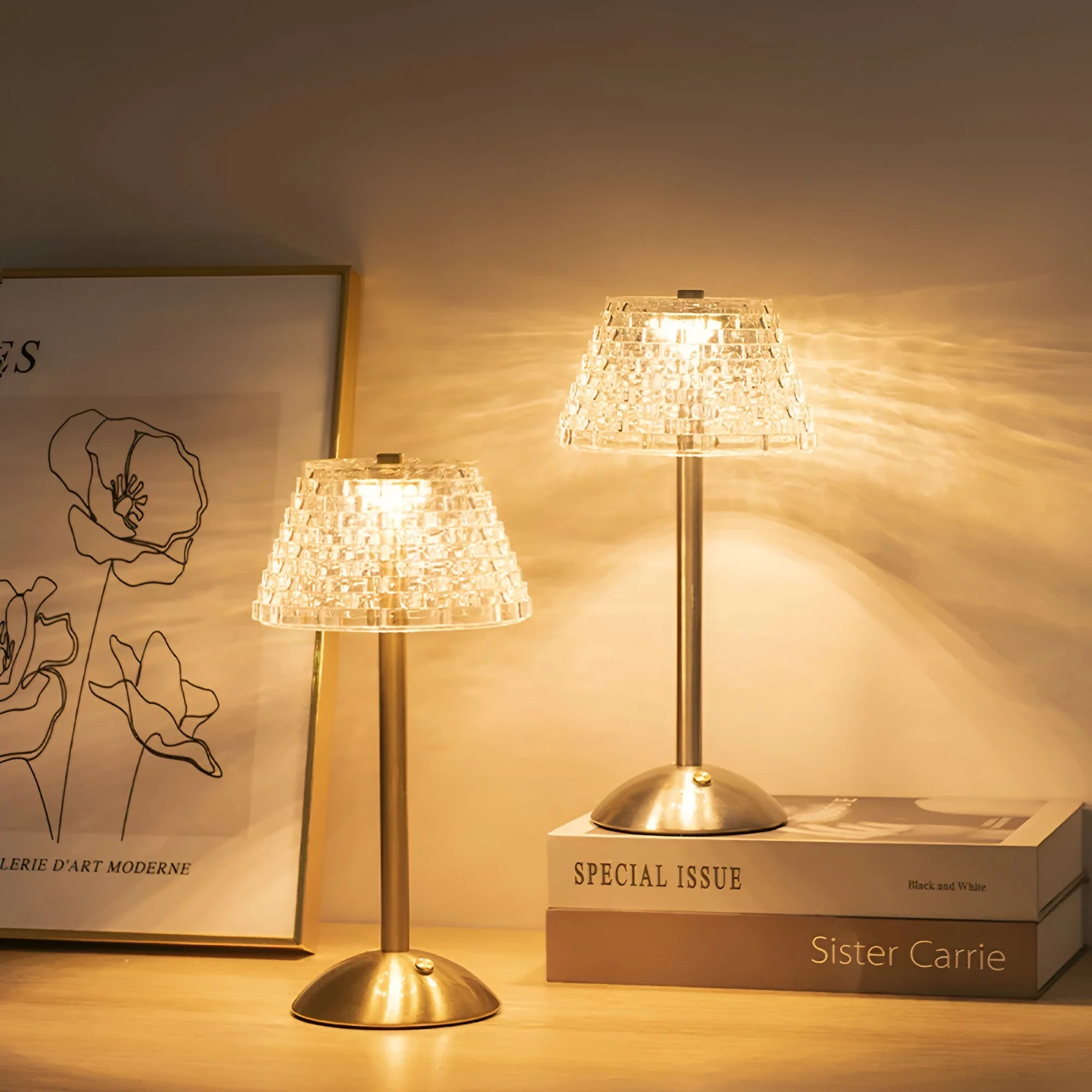 Cordless LED Table Lamp with Textured Clear Shade and Metal Stand - Image 9