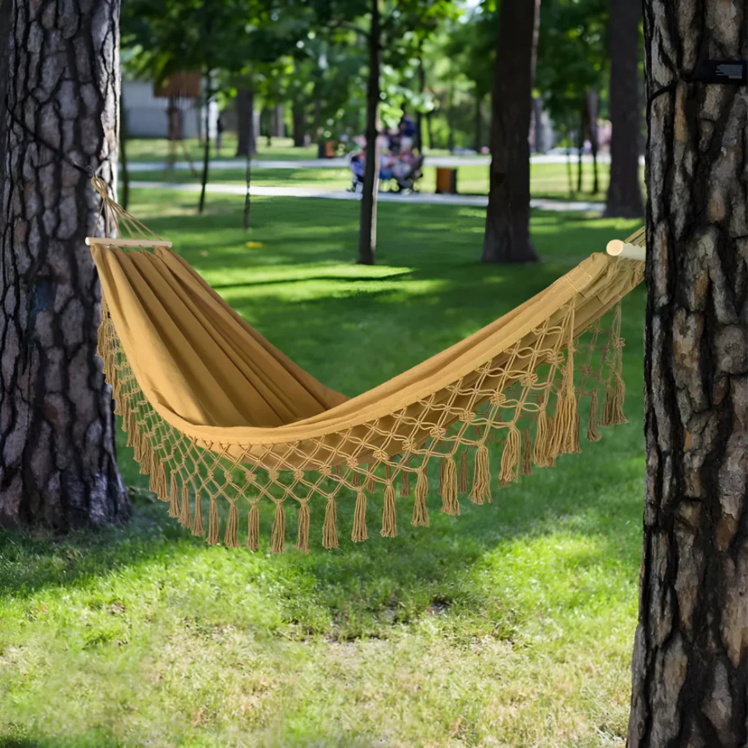 Cotton Hammock with Fringe Tassels and Wooden Spreader Bar - Image 6