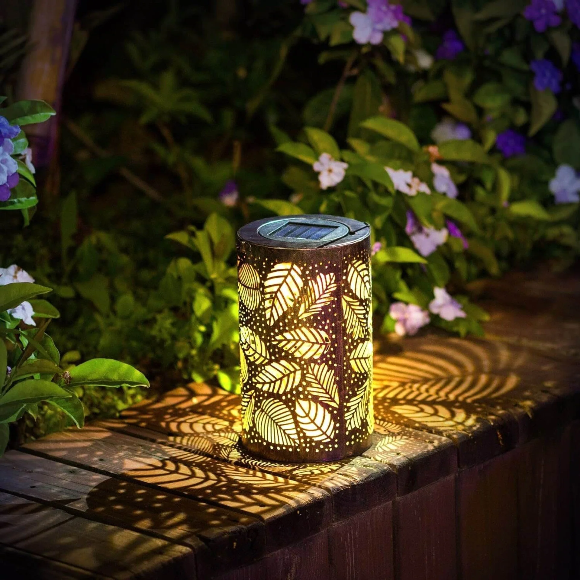Cylindrical Solar Garden Lantern With Leaf Cutout - Image 2
