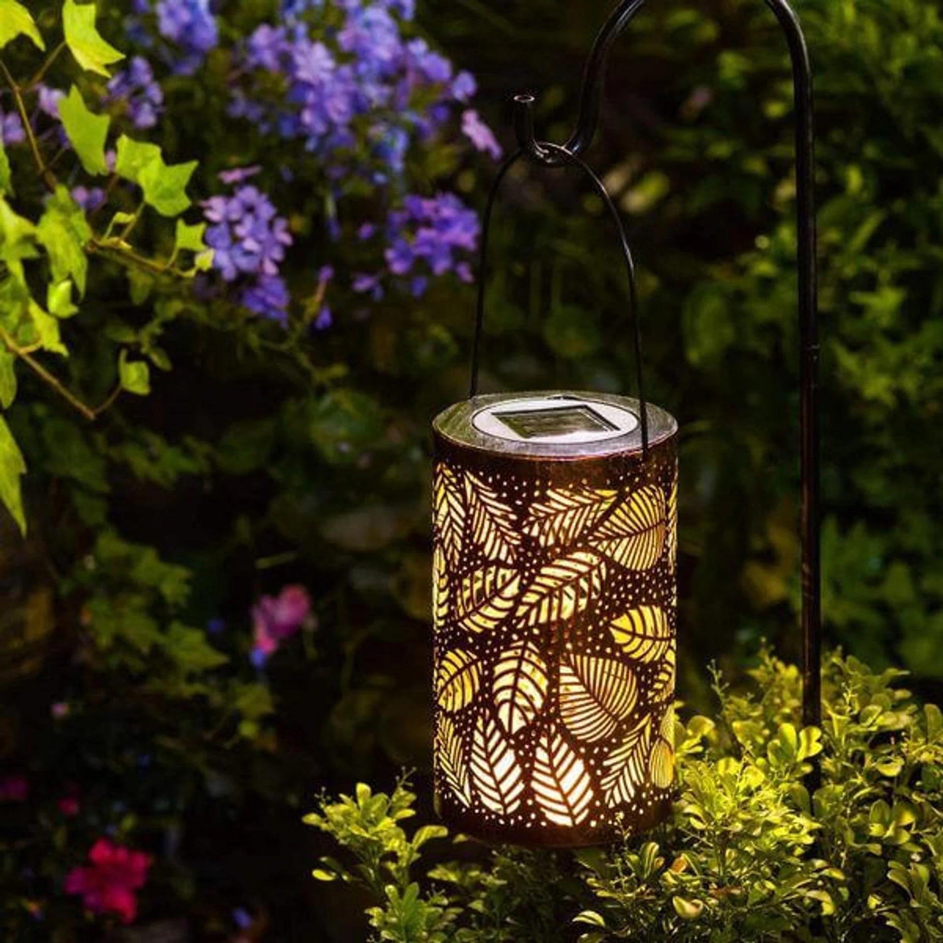 Cylindrical Solar Garden Lantern With Leaf Cutout - Image 3