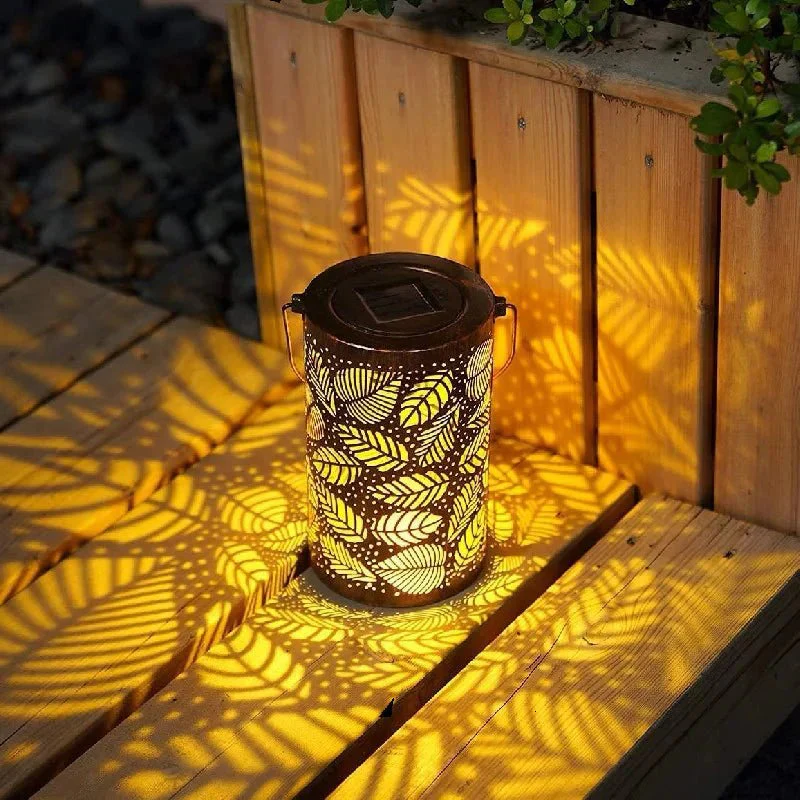 Cylindrical Solar Garden Lantern With Leaf Cutout - Image 7