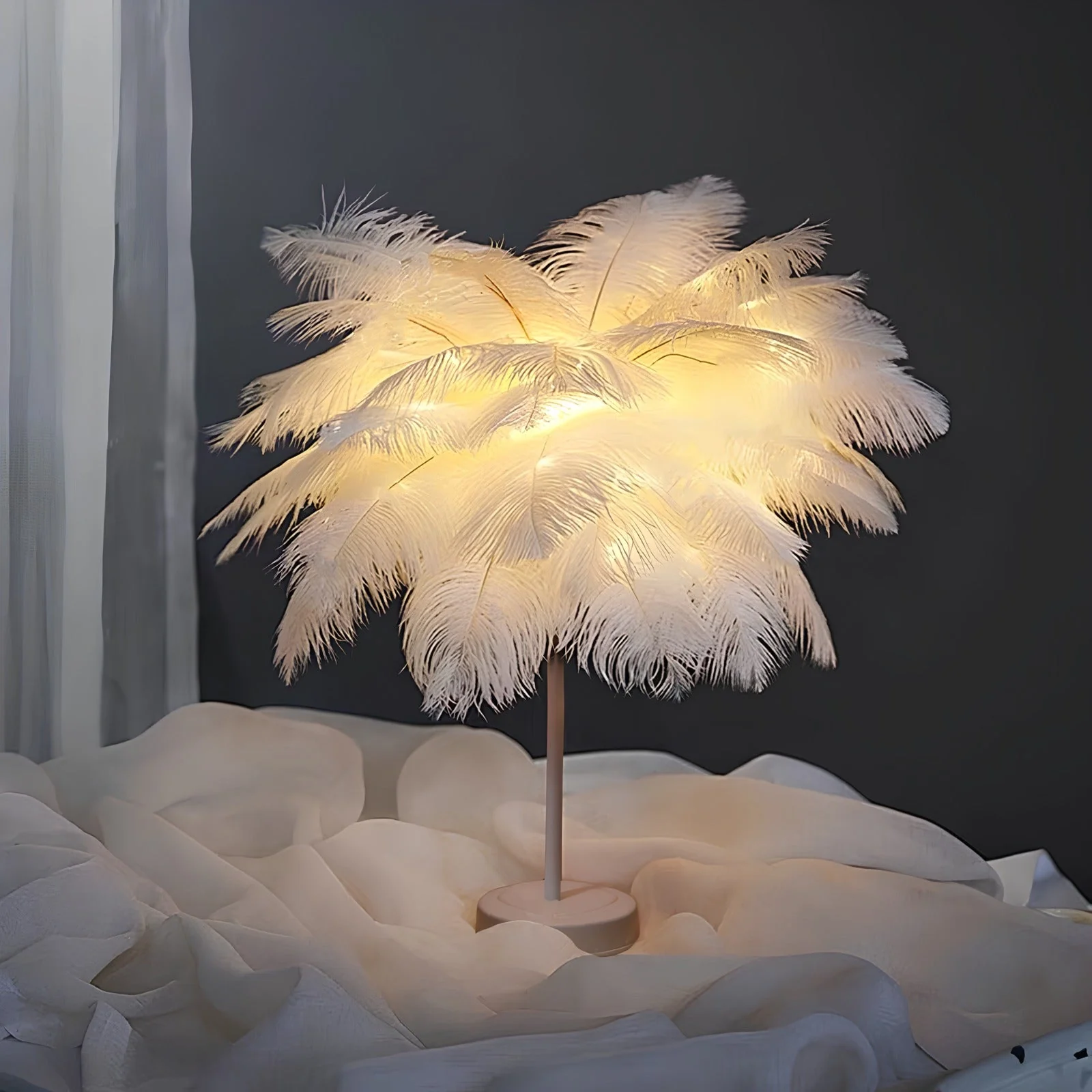 Feather Table Lamp with Metal Stem and Round Base - Image 10