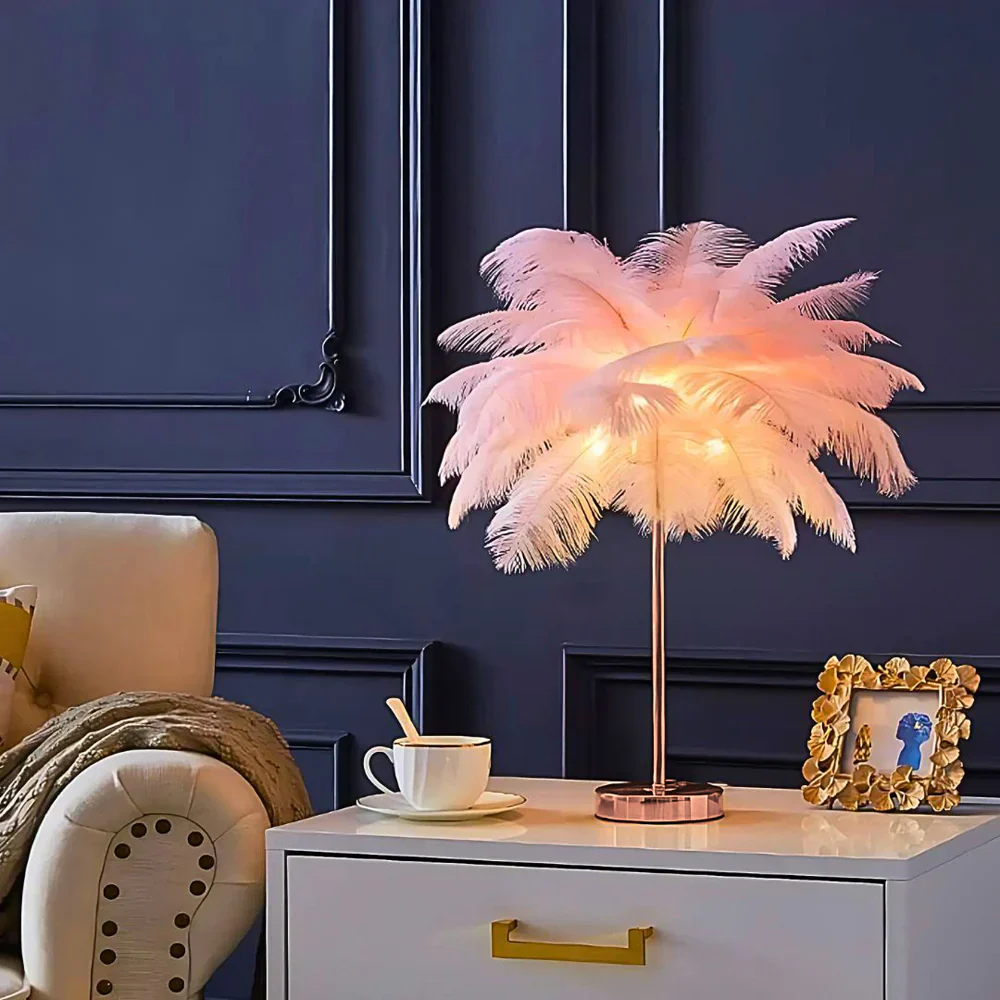 Feather Table Lamp with Metal Stem and Round Base - Image 2