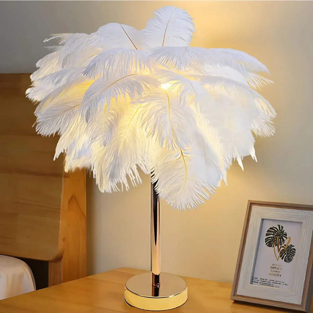 Feather Table Lamp with Metal Stem and Round Base - Image 3