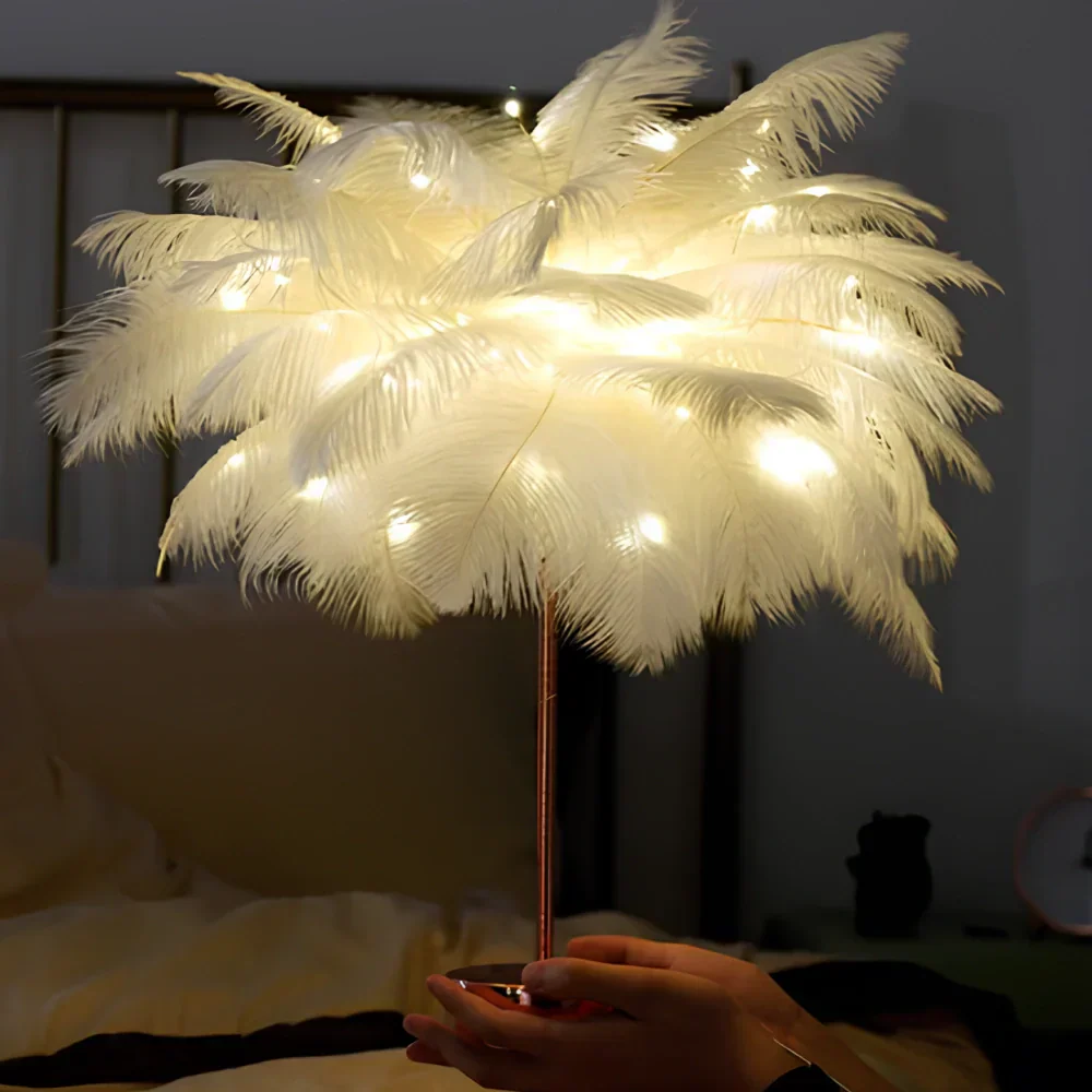 Feather Table Lamp with Metal Stem and Round Base - Image 4