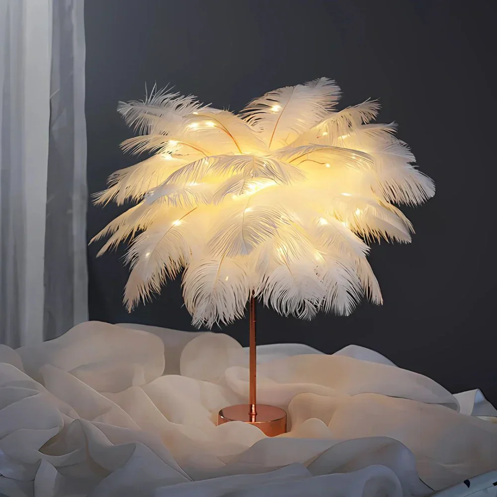 Feather Table Lamp with Metal Stem and Round Base - Image 5
