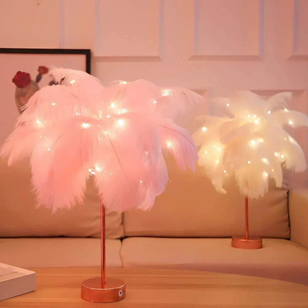 Feather Table Lamp with Metal Stem and Round Base - Image 7