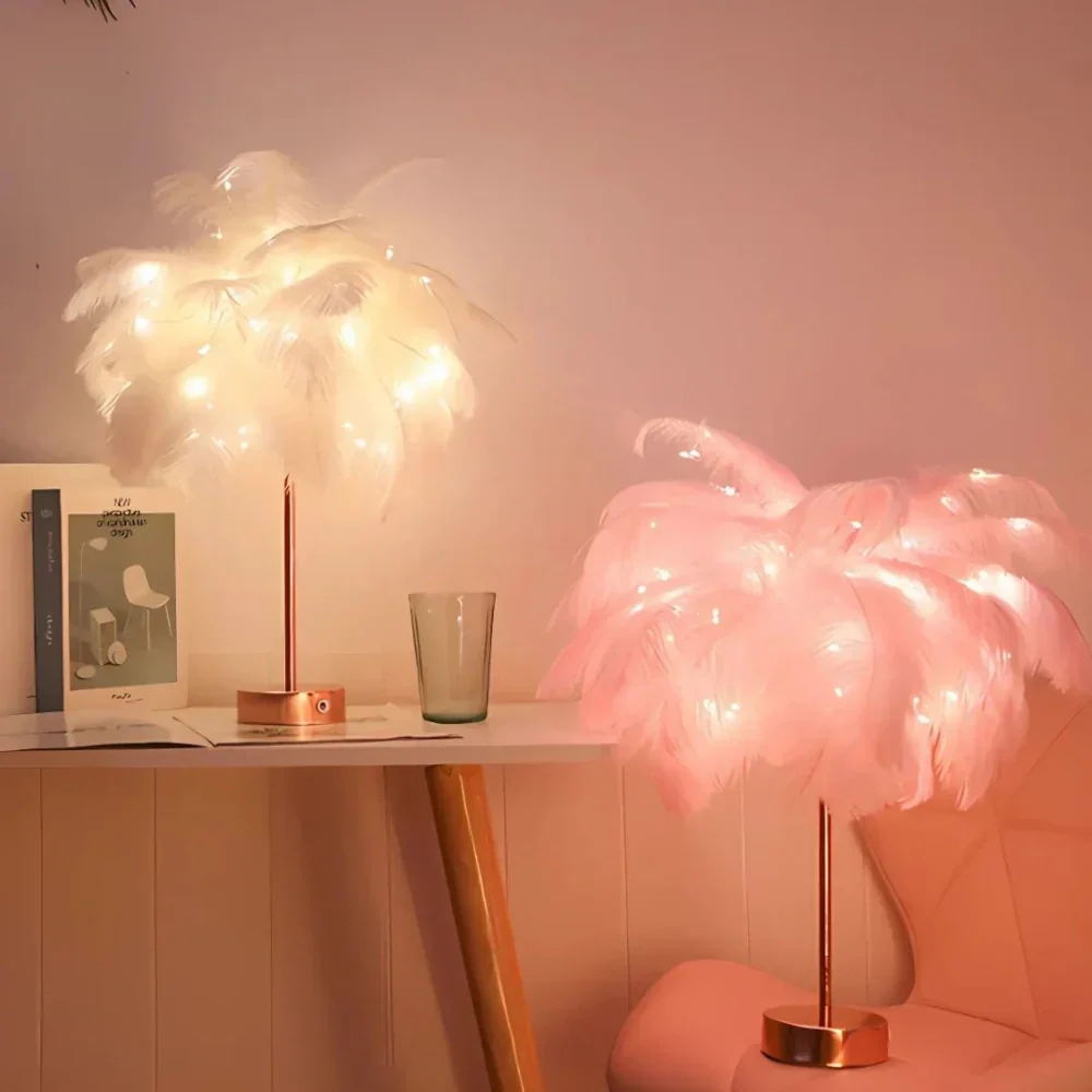 Feather Table Lamp with Metal Stem and Round Base - Image 9