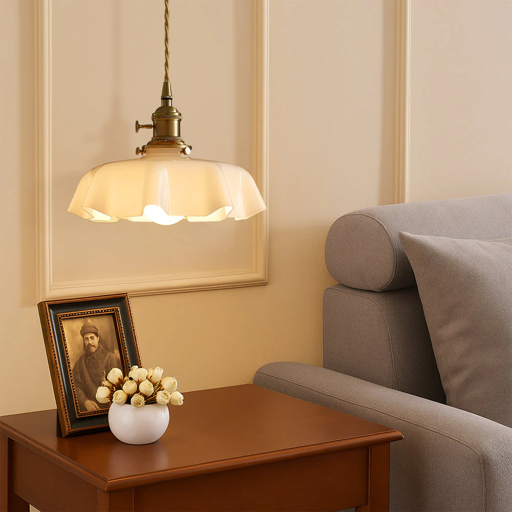 French style pendant light with scalloped cream glass shade - Image 5