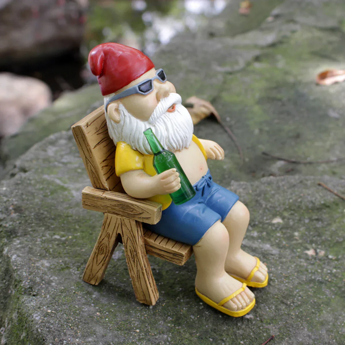 Garden Gnome Statue Sitting on Chair with Bottle - Image 2
