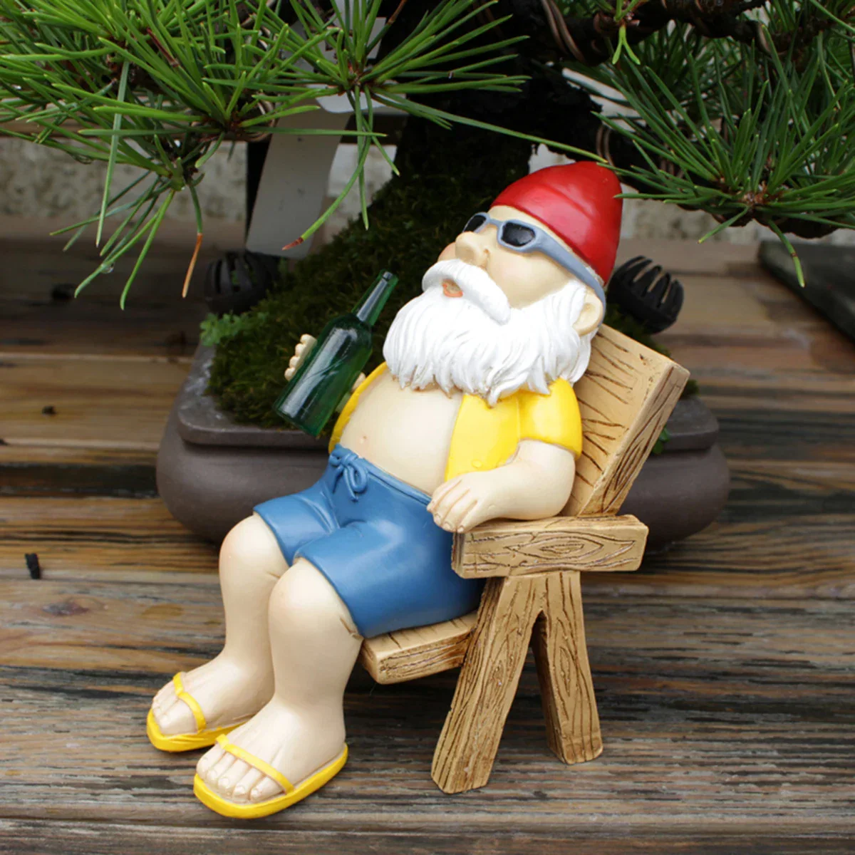 Garden Gnome Statue Sitting on Chair with Bottle - Image 3