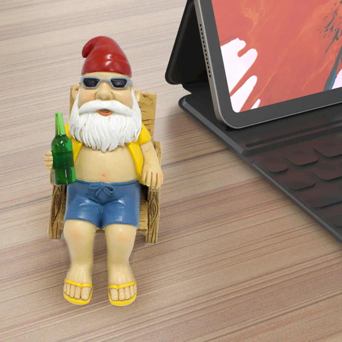 Garden Gnome Statue Sitting on Chair with Bottle - Image 4