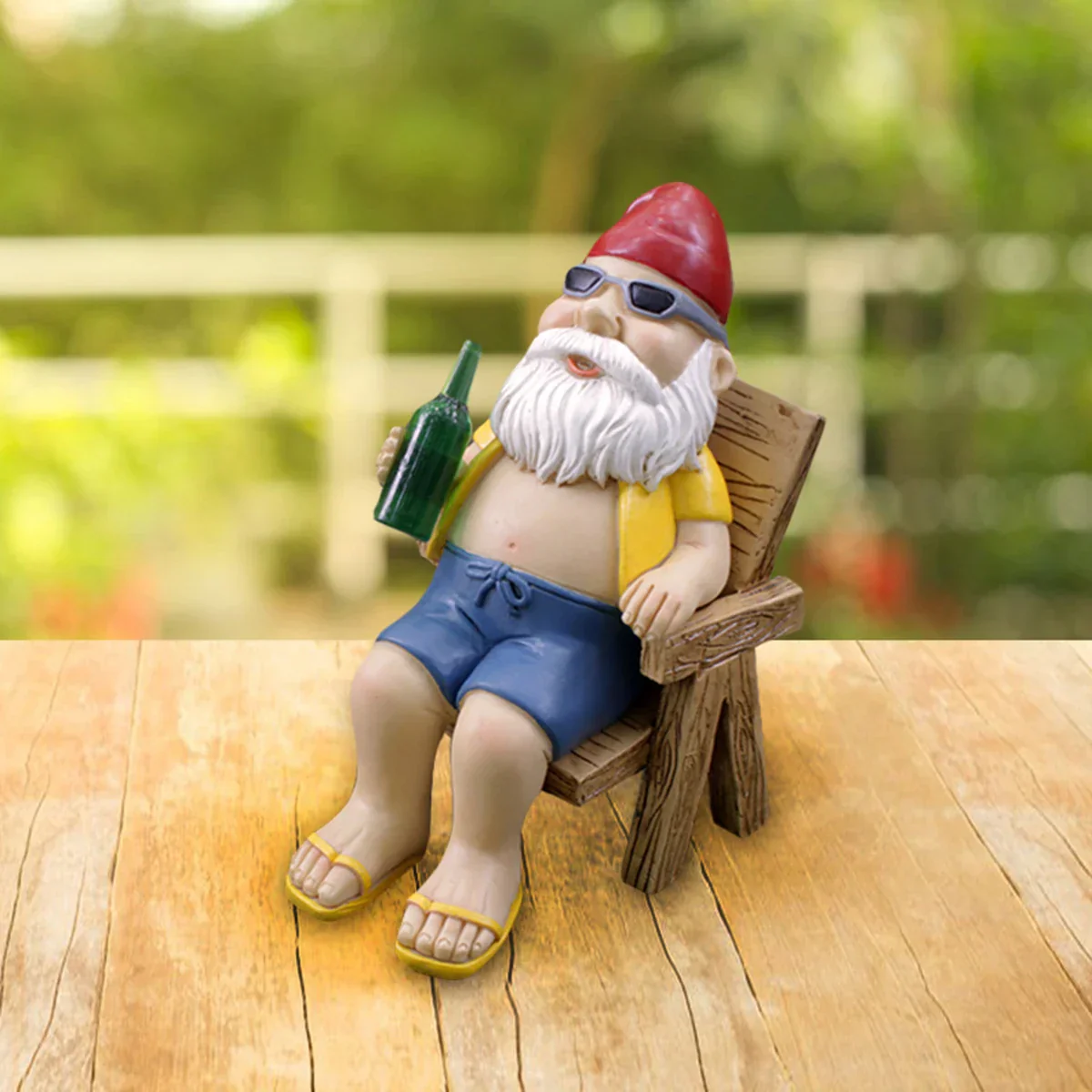 Garden Gnome Statue Sitting on Chair with Bottle - Image 5