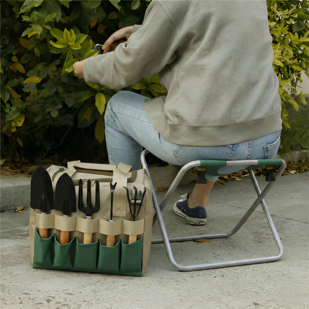 Garden Tool Set with Folding Stool and Carry Bag