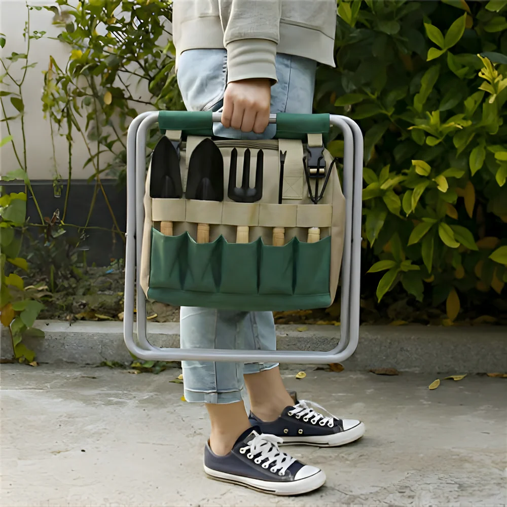 Garden Tool Set with Folding Stool and Carry Bag - Image 2
