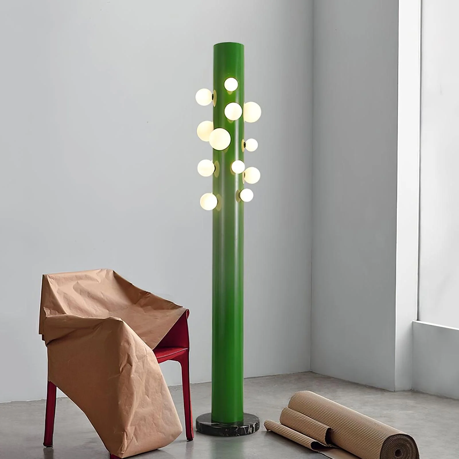 Green Floor Lamp with Vertical Column and Globe Lights - Image 2