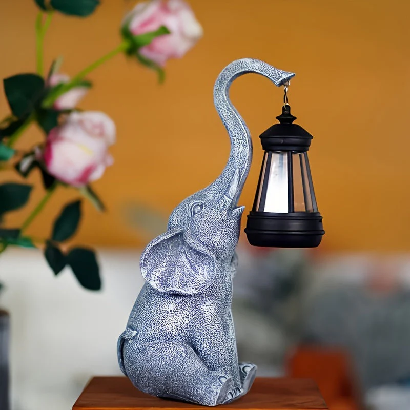 Grey Stone-Effect Elephant Solar Garden Lamp with Lantern - Image 2