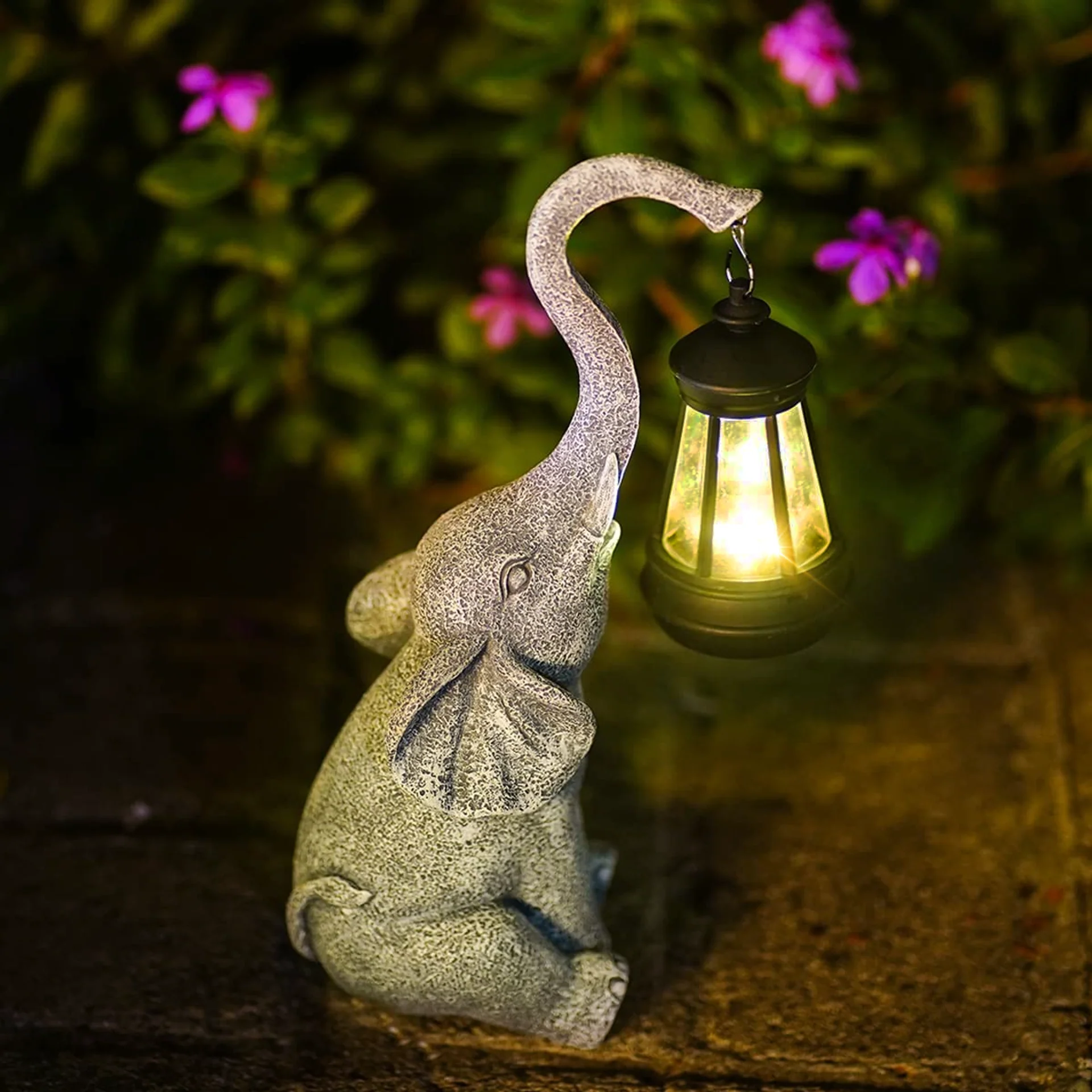 Grey Stone-Effect Elephant Solar Garden Lamp with Lantern - Image 3