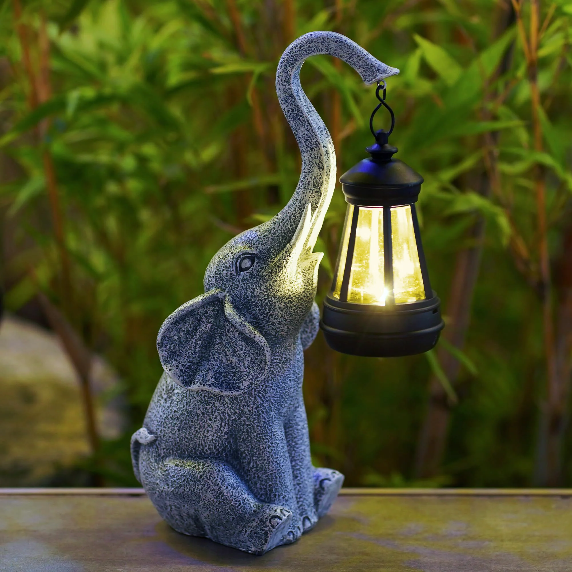 Grey Stone-Effect Elephant Solar Garden Lamp with Lantern - Image 4