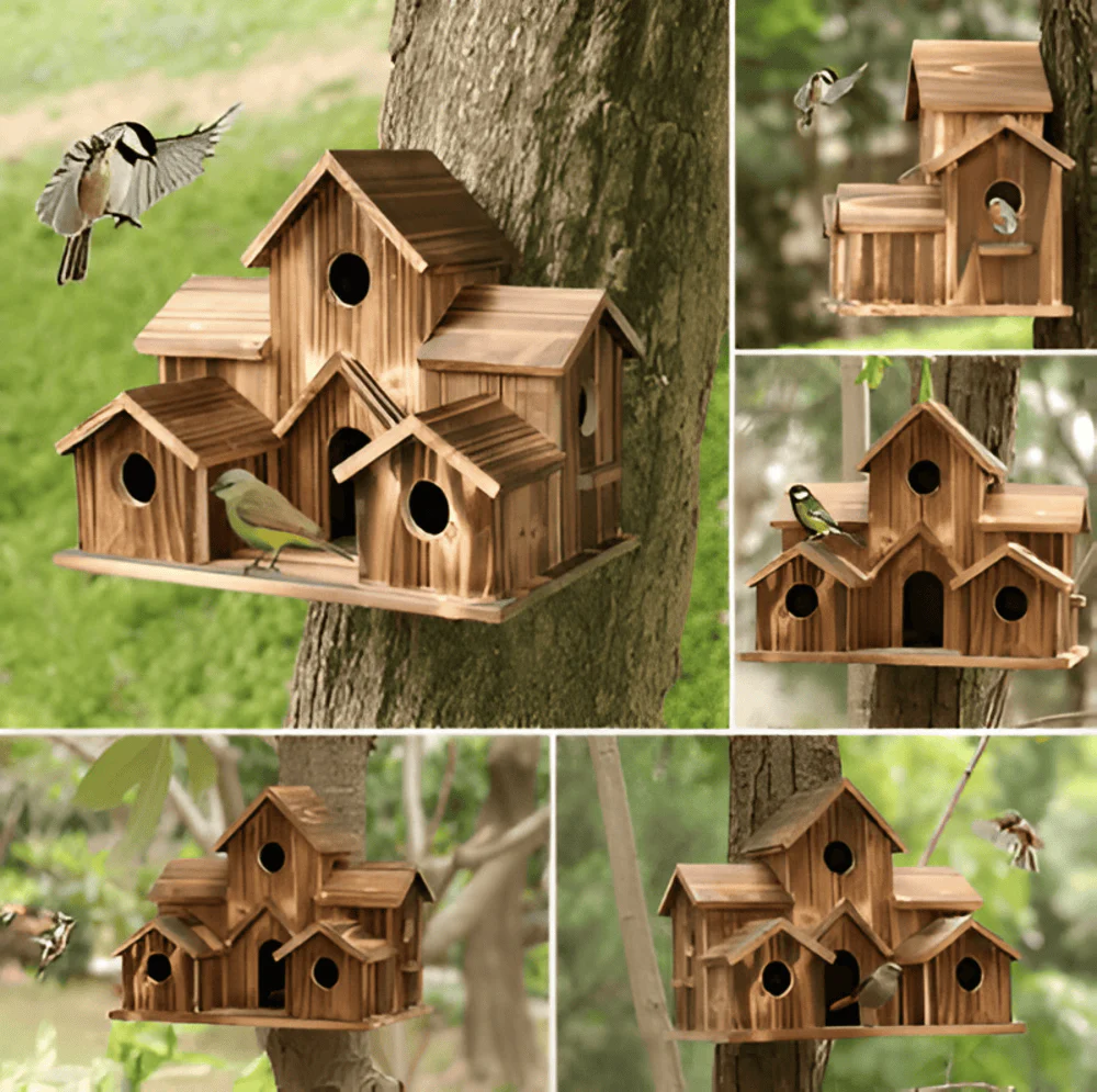 Hanging Wooden Birdhouse with Multi-House Nesting Design - Image 3