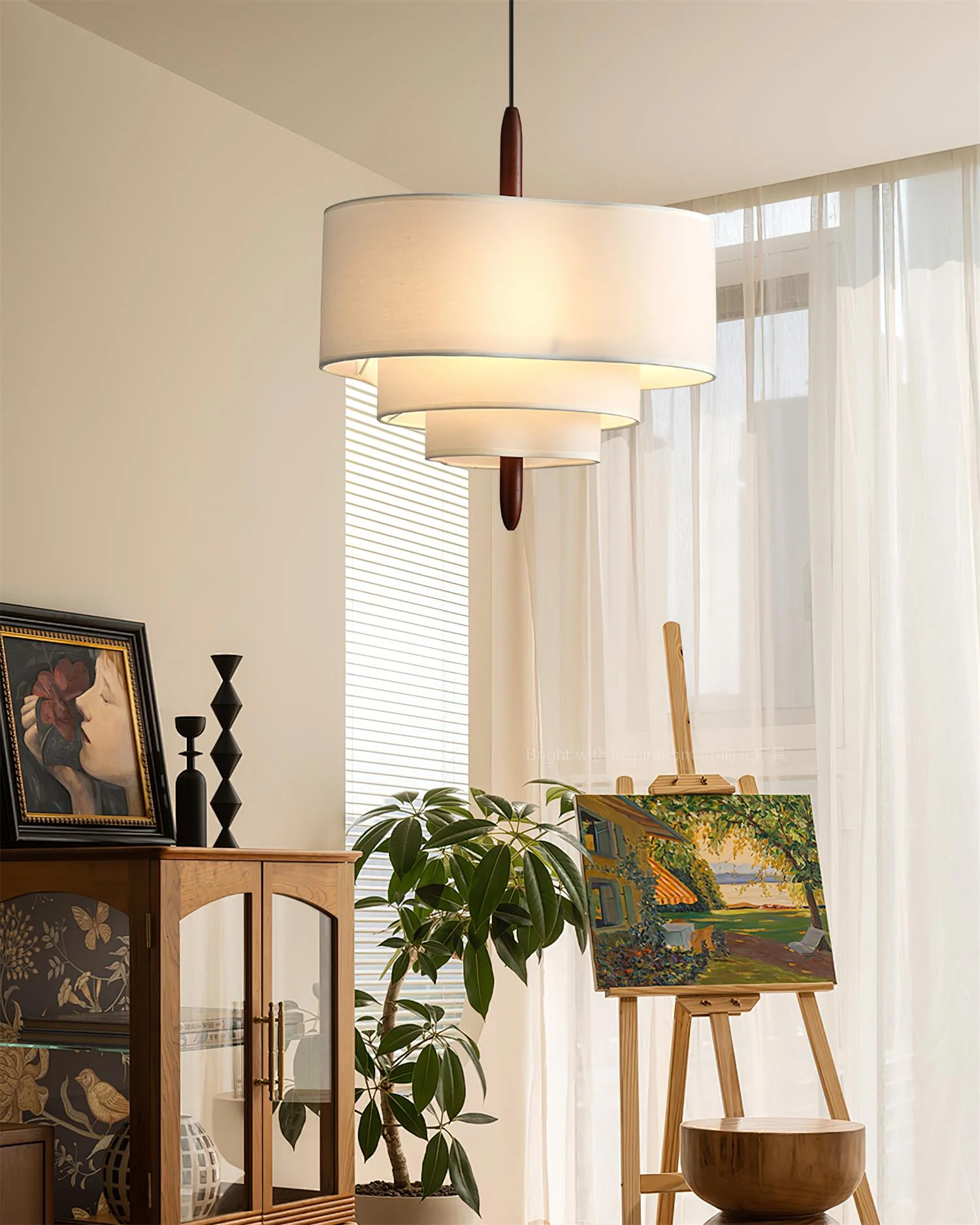 Layered Linen Drum Pendant Light - Image 10