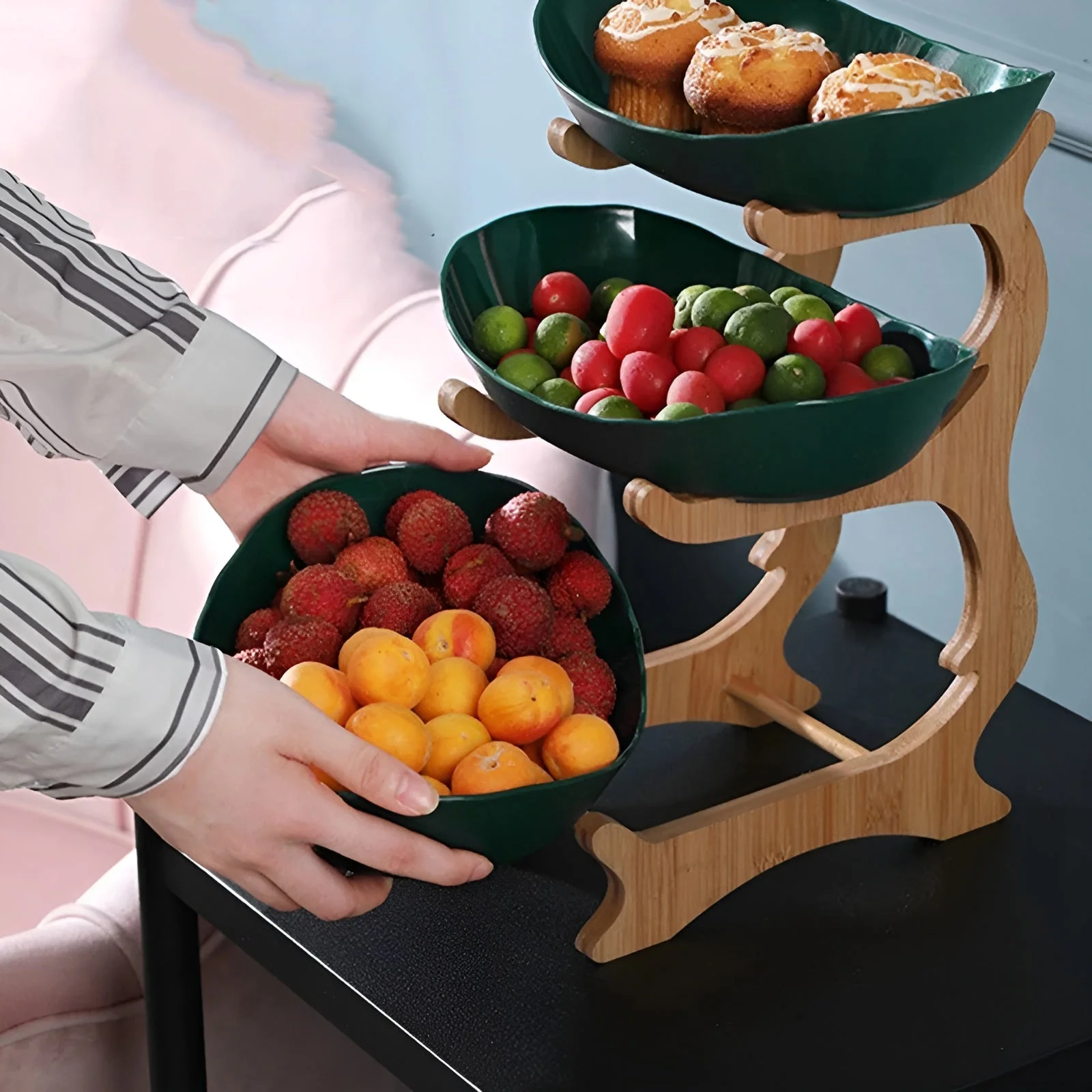 Multi Tier Fruit Bowl with Wooden Stand and Trays - Image 2
