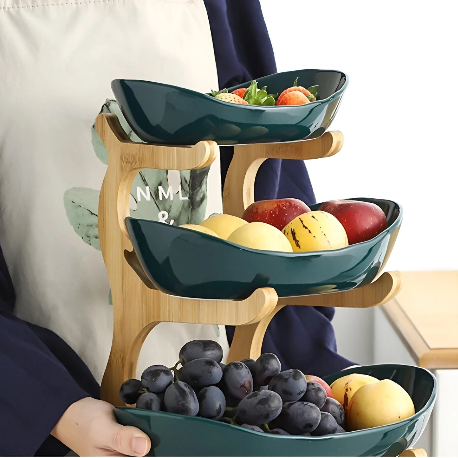 Multi Tier Fruit Bowl with Wooden Stand and Trays - Image 3