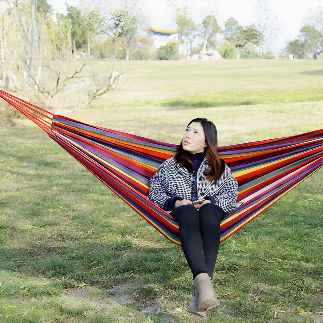 Outdoor Fabric Hammock with Striped Pattern and Rope Loops - Image 2