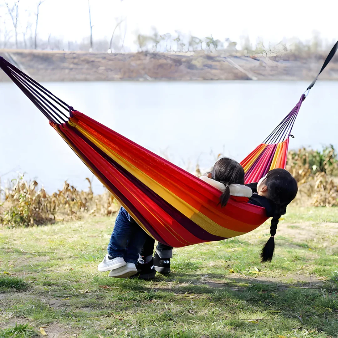 Outdoor Fabric Hammock with Striped Pattern and Rope Loops - Image 3