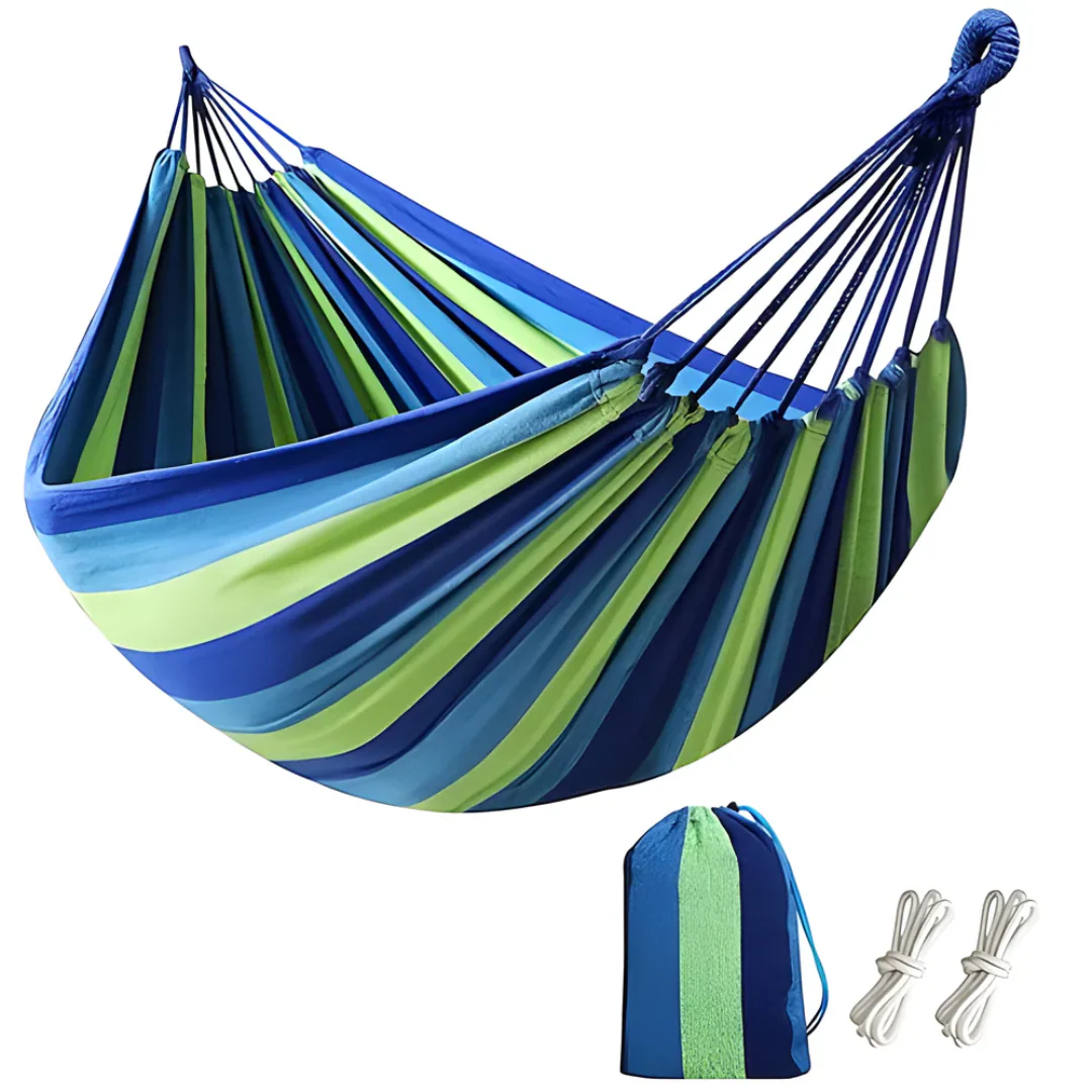 Outdoor Fabric Hammock with Striped Pattern and Rope Loops - Image 4