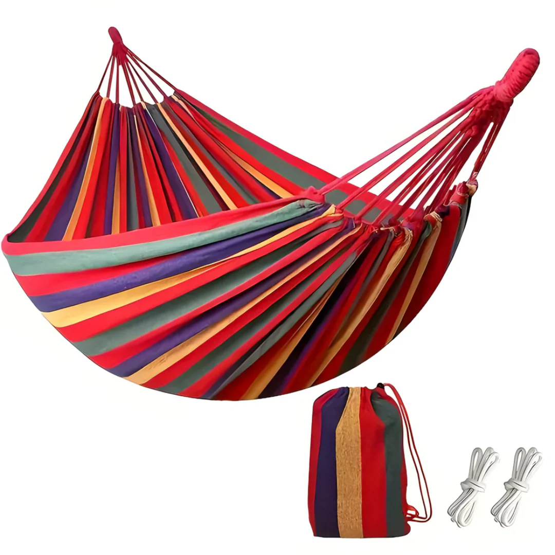Outdoor Fabric Hammock with Striped Pattern and Rope Loops - Image 5