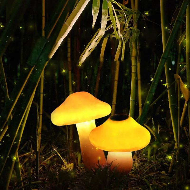 Outdoor Mushroom LED Garden Lamp Set in Orange Resin