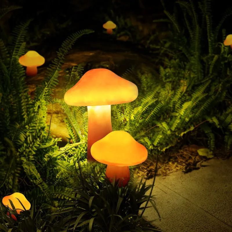 Outdoor Mushroom LED Garden Lamp Set in Orange Resin - Image 2
